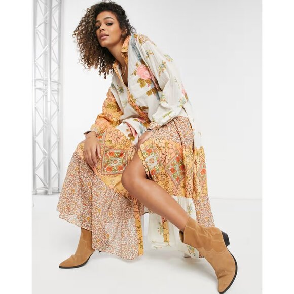 Free People Patchwork Floral Days Of Ditzies Smock Maxi Dress Womens Size Large - Picture 1 of 14